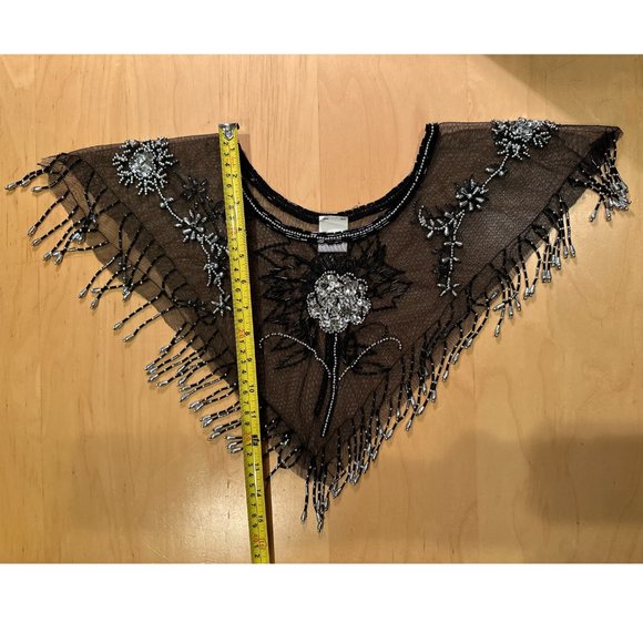 Black & Silver Beaded Sequin Mesh Pullover Capelet Collar Shawl - Picture 12 of 15